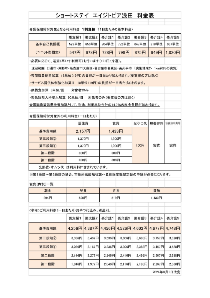 ショートステイ料金表